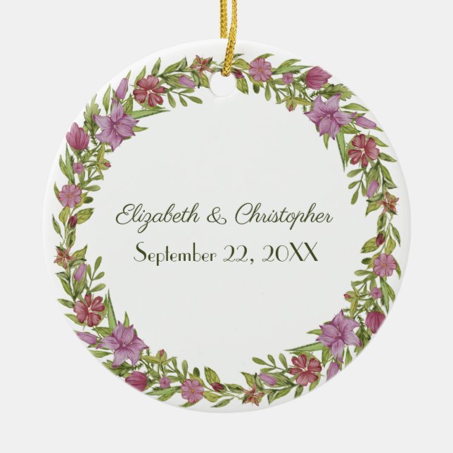 Pink-grüne Blütenhochzeit personalisieren Keramik Ornament (Vorne)