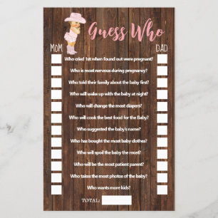 Pink Guess Who Cowgirl Baby Shooting Game Card Flyer