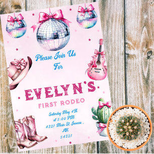 Pink Guitar Cowboy Party Cactus Birthday Magneteinladung