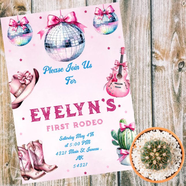 Pink Guitar Cowboy Party Cactus Birthday Magneteinladung (Von Creator hochgeladen)