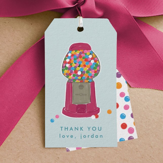 Pink Gumball Machine Bonbons Kaugummi Danke Geschenkanhänger (Pink gumball machine birthday party thank you blue gift tag.)