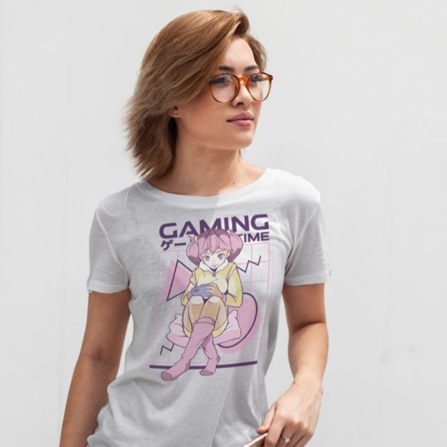 Pink Hair Anime Gamer Girl T-Shirt (Von Creator hochgeladen)