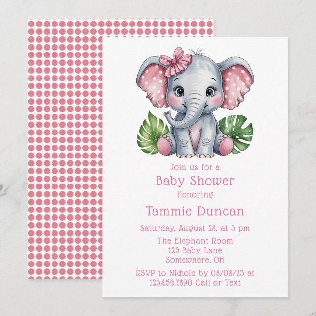 Pink Hair Bow Niedlich Elephant Baby Dusche Einladung (Vorne/Hinten)