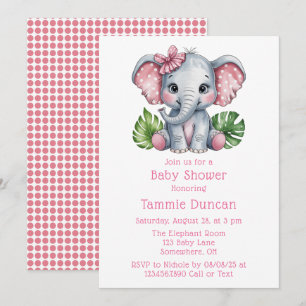 Pink Hair Bow Niedlich Elephant Baby Dusche Einladung