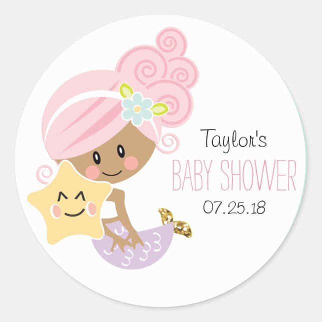 Pink Hair Mermaid Babyduschkleber dunkle Haut Runder Aufkleber (Vorderseite)