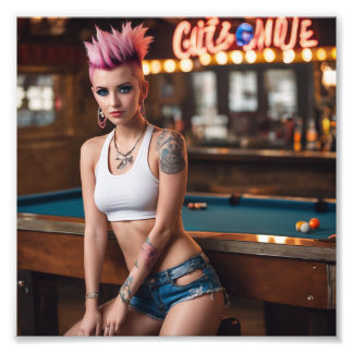 Pink Hair Tattoo Punk Pool Bar Girl Fotodruck