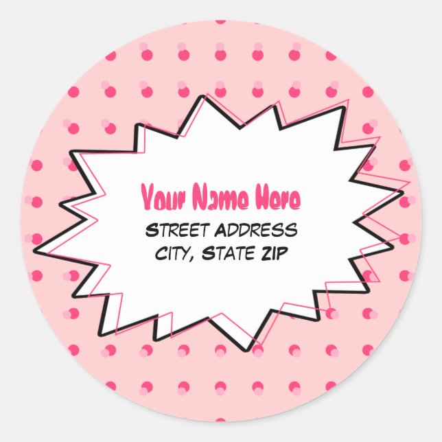 Pink Halftone Pop Art Address Label Runder Aufkleber (Vorderseite)
