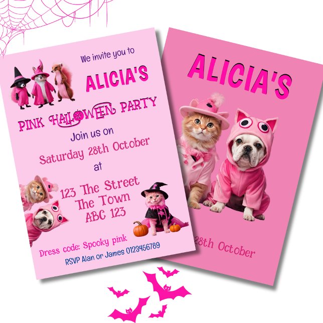 Pink Halloween animal mignon invitation Éffrayant (Invite front and back)