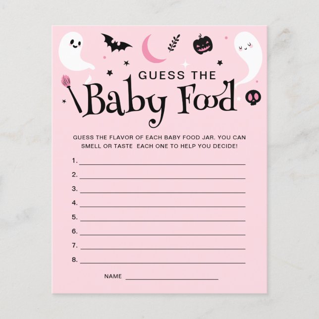 Pink Halloween Baby Dusche Guess Baby Food Game (Vorderseite)
