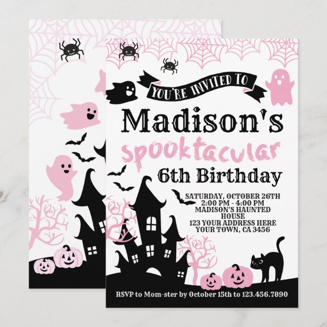 Pink Halloween Birthday Einladung (Vorne/Hinten)