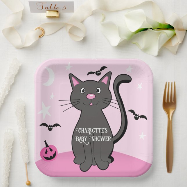 Pink Halloween Black Cat Girl Babydusche Pappteller (Hochzeit)