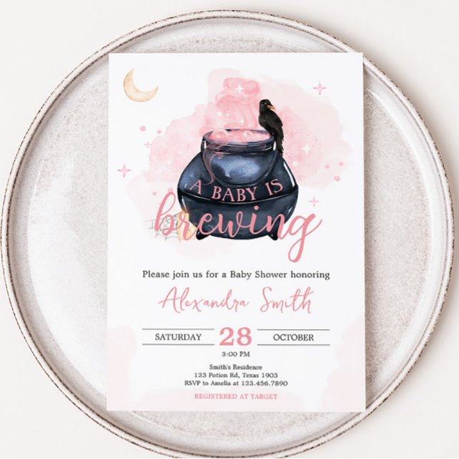 Pink Halloween Ein Baby wird Babydusche brauen Einladung (Witch Girl Baby Shower Invitation)
