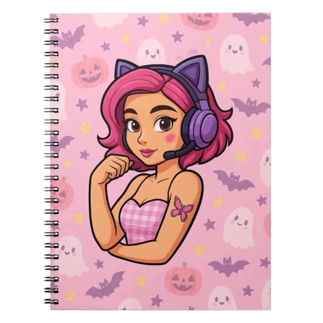 Pink Halloween Gamer Girl Notebook | Kawaii Ghosts Notizblock (Vorderseite)