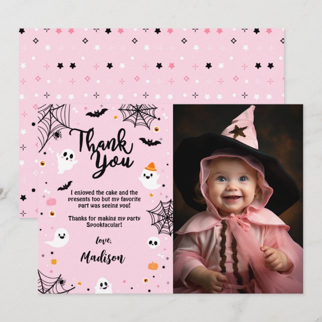 Pink Halloween Ghost Dankeschön Karte mit Foto (Vorne/Hinten)