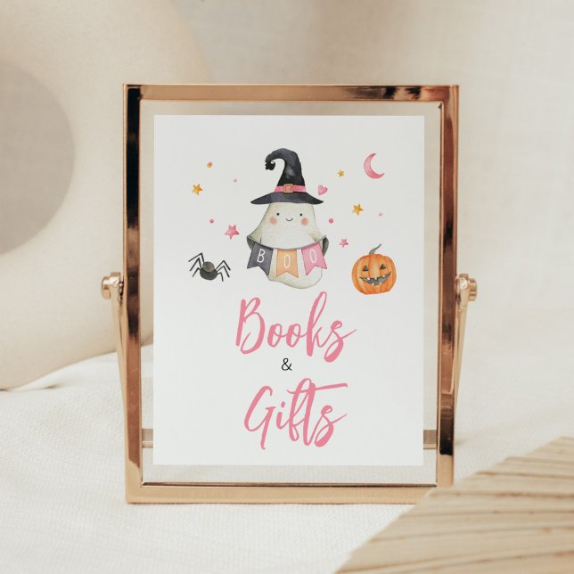 Pink Halloween Ghost Kleine Bücher und Geschenke Poster (Little Boo Baby Shower Books and Gifts Sign)
