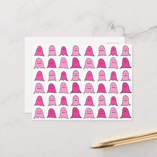 Pink Halloween Ghosts Postkarte (Vorderseite/Rückseite Beispiel)