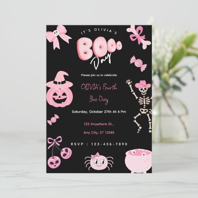 Pink Halloween Girl Niedlich Boo Day Einladung (Stehend Vorderseite)