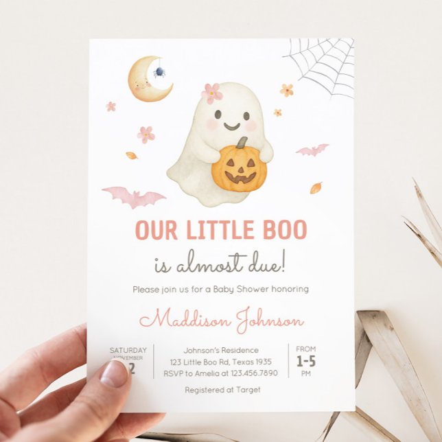 Pink Halloween Little Boo Baby Dusche Einladung (Pink Little Boo Halloween Baby Shower Invitation)