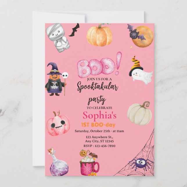 Pink Halloween Spooky 1st Birthday Party Einladung (Vorderseite)