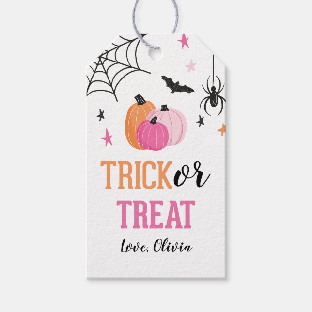 Pink Halloween Trick oder Treat Pumpkins und Spinn Geschenkanhänger (Vorderseite)