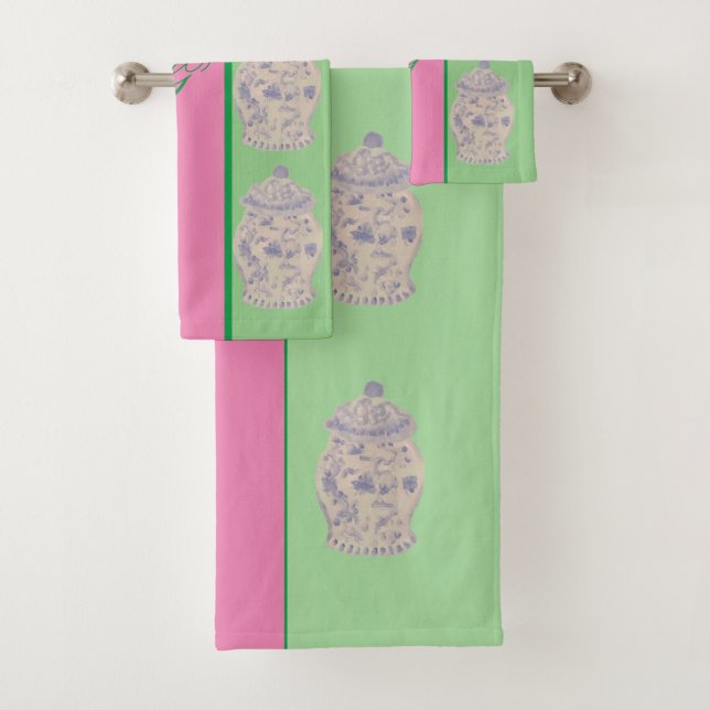 Pink Hand bemalt Chinoiserie Ginger Jar Gläser  Badhandtuch Set (Insitu)