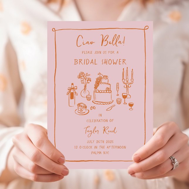 Pink Hand Draodle Food Brautparty Einladung (Ciao Bella pink and orange bridal shower invitation with hand-drawn food and drink doodles)