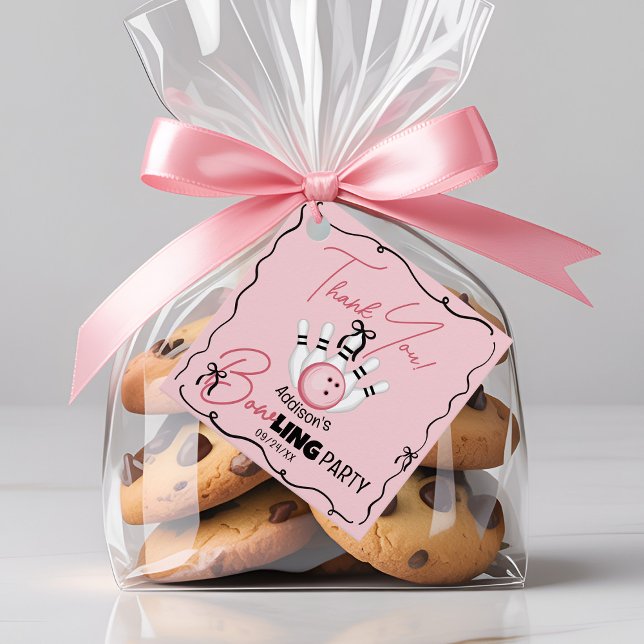 Pink Hand Drawn BOWling Bows Girl Birthday Party Geschenkanhänger (Cute funny BOWling theme pink and black coquette bows custom girl birthday party square favor tags)