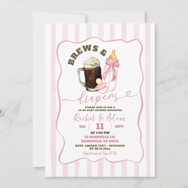 Pink Hand Drawn Brews & Diapers Girl Baby Dusche Einladung (Vorderseite)