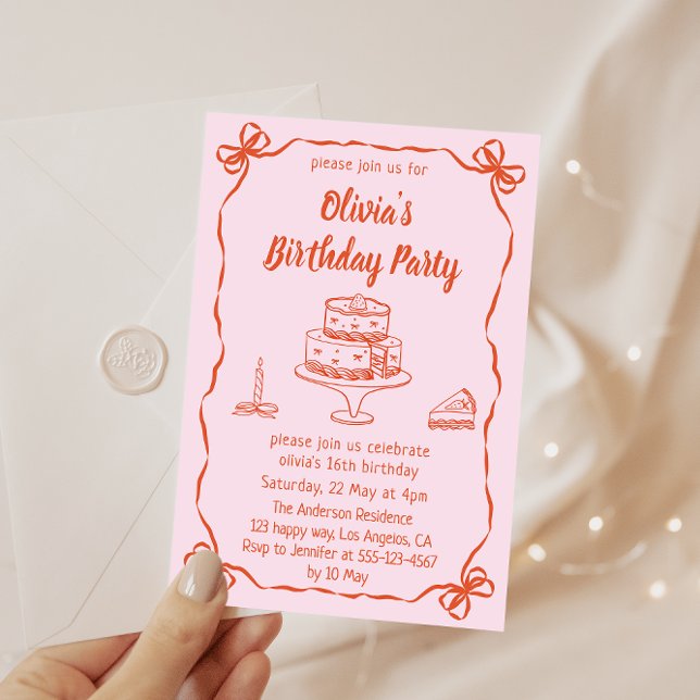 Pink Hand-Drawn Cake & Ribbon Border Birthday  Einladung (Von Creator hochgeladen)