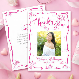 Pink Hand Drawn Doodles Photo Graduate White Retro Dankeskarte