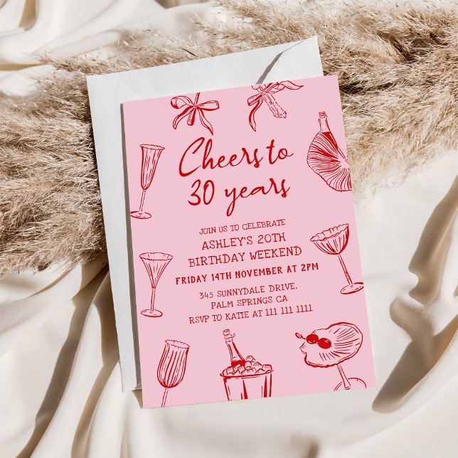 Pink Hand Drawn Funky 30. Geburtstag Party Einladung (Von Creator hochgeladen)