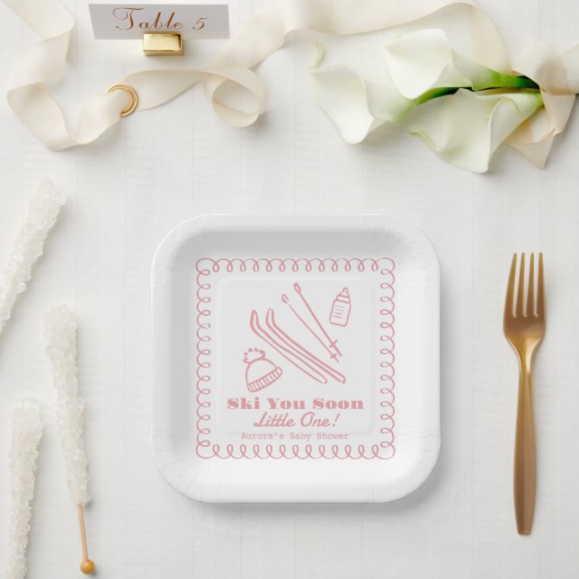 Pink Hand-Drawn Ski You Soon Girl Baby Shower Pappteller (Hochzeit)