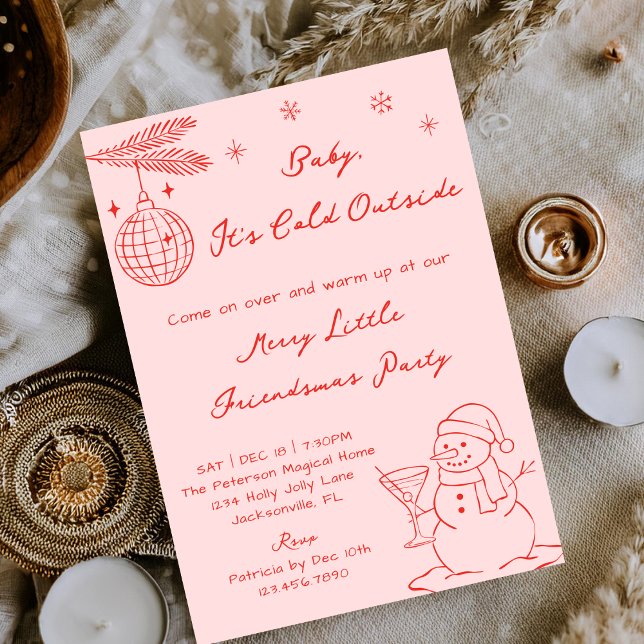 Pink Hand Drawn Snowman Friendmas Christmas Party Einladung (Von Creator hochgeladen)
