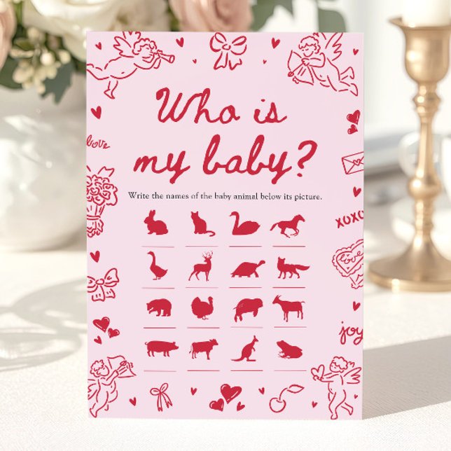 Pink Hand Drawn Valentine Who Is My Baby Game Einladung (Pink Hand Drawn Valentine Who Is My Baby Game)