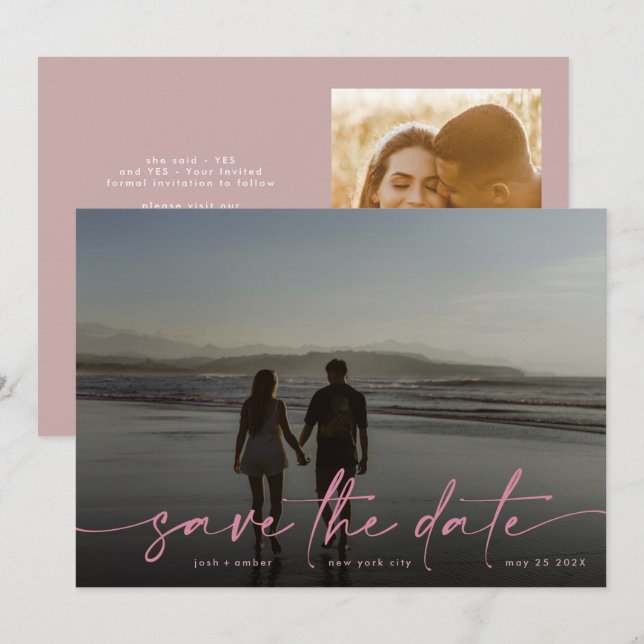 Pink Hand geschrieben Modernes Foto Blush Dusty Save The Date (Vorne/Hinten)