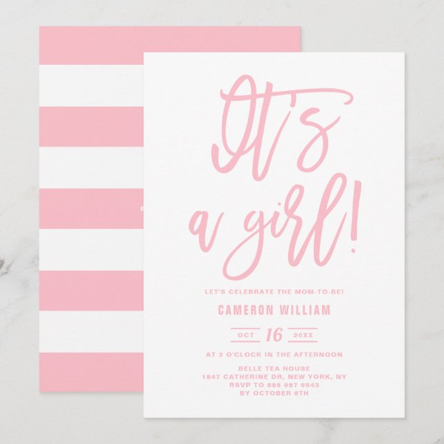 Pink Hand Lettered It's a Girl Baby Shower Einladung (Vorne/Hinten)
