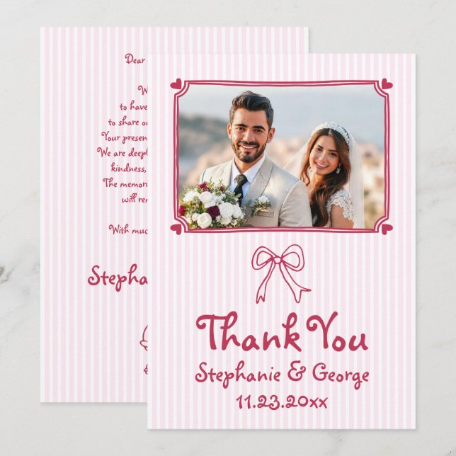Pink handgezeichnete kritzelige Foto-Hochzeit Dankeskarte (Vorne/Hinten)