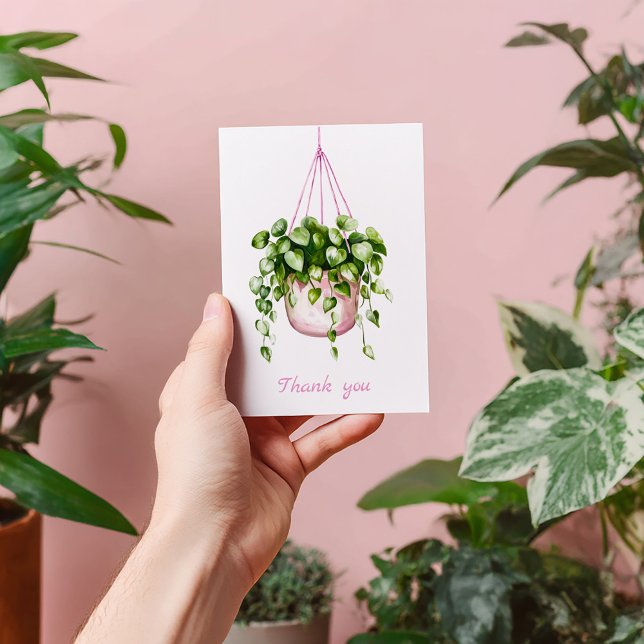 Pink Hanging Basket Greenery Wasserfarbe Vielen Da Dankeskarte (Hanging house plant, pink and green thank you card)