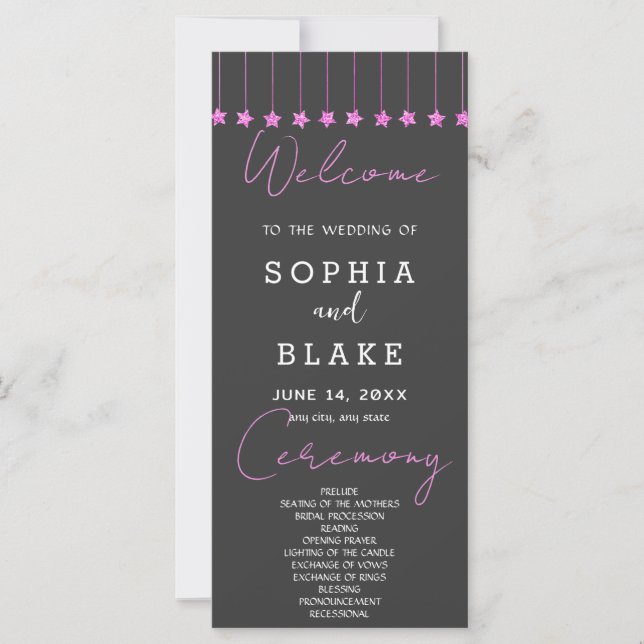 Pink Hanging Stars Smoke Gray Wedding Programm (Vorderseite)