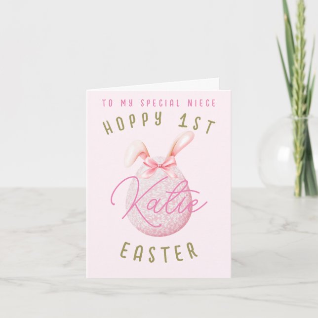 Pink Happy 1. Ostereier Nichte Grußkarte Karte (Vorderseite)
