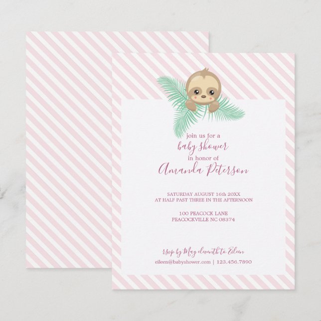 Pink Happy Baby Sloth Baby shower Invitation (Devant / Derrière)