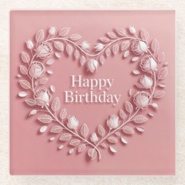 Pink Happy Birthday Blume Herzglas Untersetzer