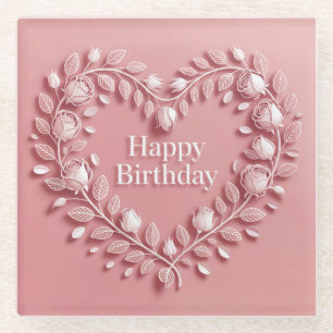 Pink Happy Birthday Blume Herzglas Untersetzer