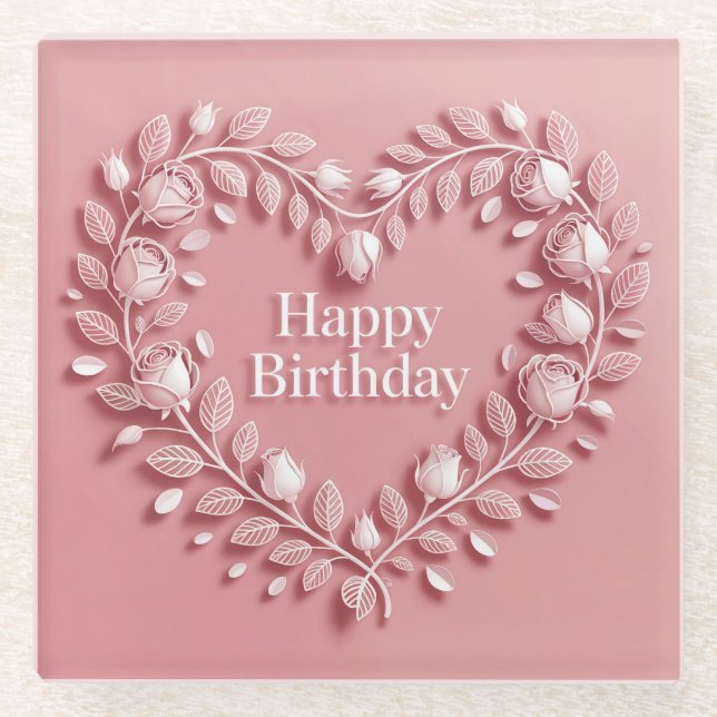 Pink Happy Birthday Blume Herzglas Untersetzer (Vorderseite)