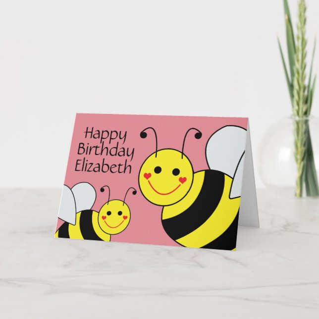Pink Happy Birthday Bumble Bee Personalisiert Karte (Vorderseite)