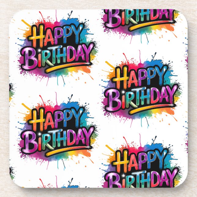 Pink Happy Birthday Graffiti Plastic Coaster Getränkeuntersetzer (Vorderseite)