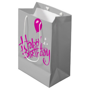 Pink Happy Birthday on Gray Mittlere Geschenktüte