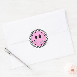 Pink Happy Face Schachbrett Kindergeburtstag Runder Aufkleber