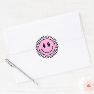 Pink Happy Face Schachbrett Kindergeburtstag Runder Aufkleber