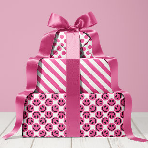 Pink Happy Face Stripes und Polka Dot Geschenkpapier Set